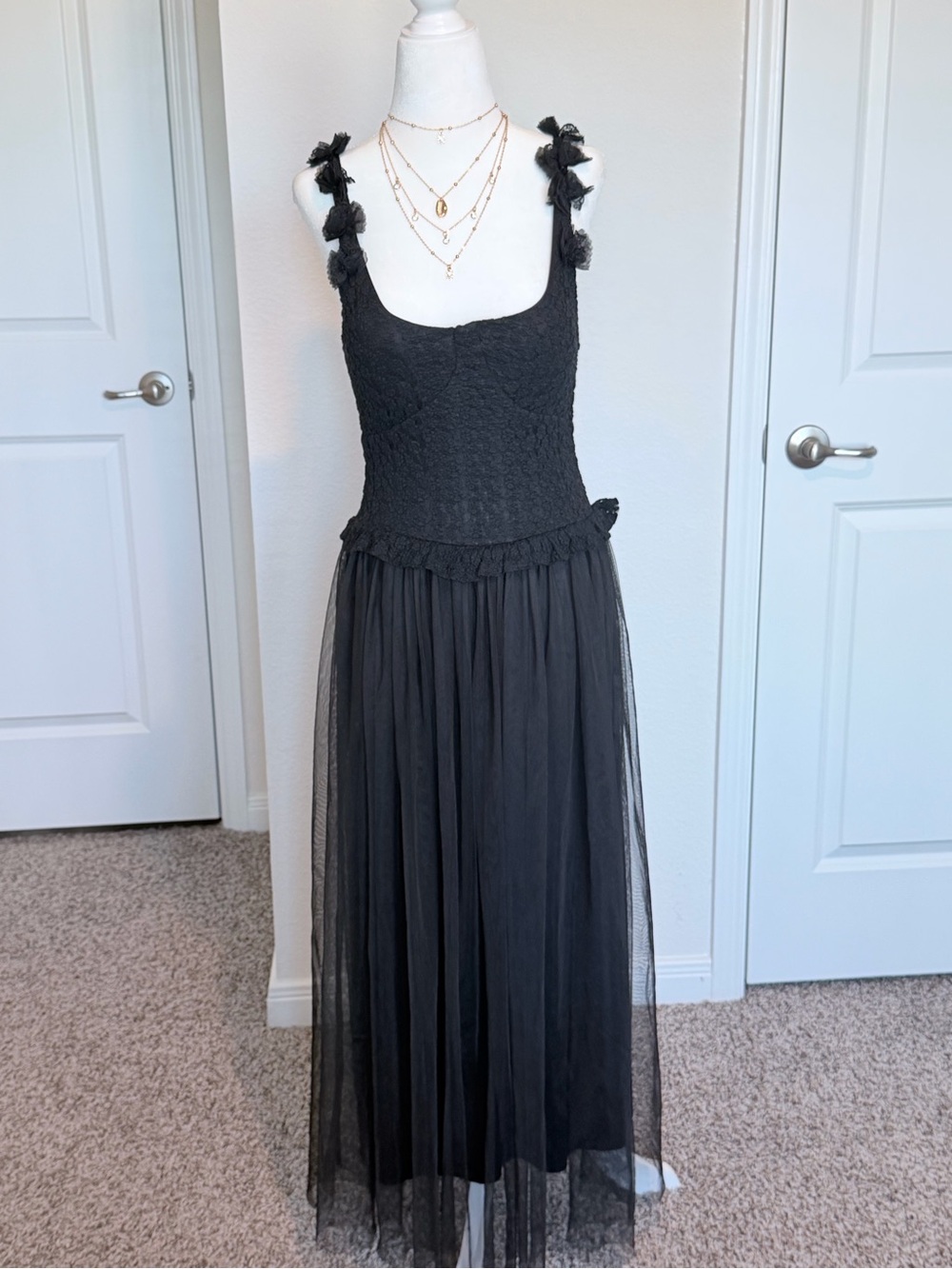 Black Sheer Tulle Midi Dress with Ruffle Straps